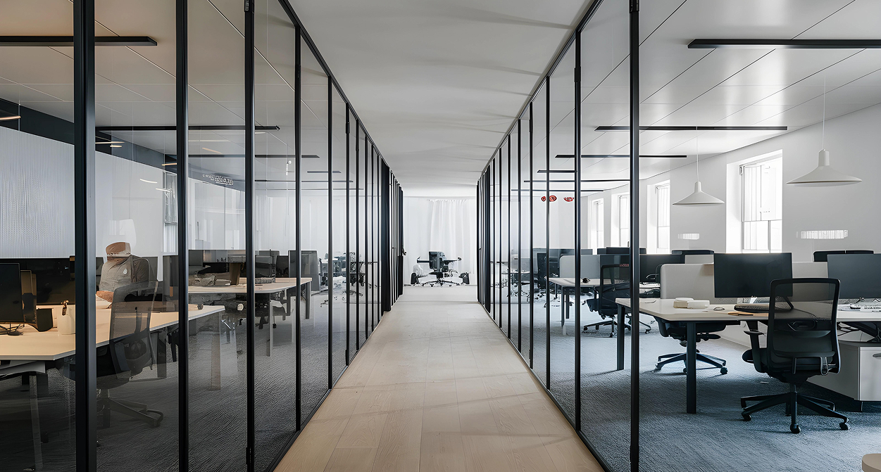 Office Corridor with Glass Partitions