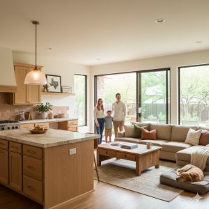Modern Open concept Kitchen and Living Room Remodel in Texas Featuring Warm Wood Cabinetry Natural Stone Countertops and a Happy Family in a Bright Renovated Houston Home