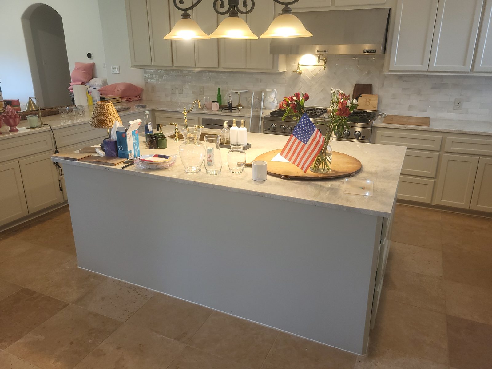 Custom Kitchen Island with Pendant Lighting the Woodlands