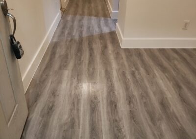 Long Hallway with Gray Wood Flooring and White Walls Door at the Far End a Small Cat Sits Near the Entrance